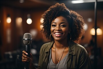 An aspiring vocalist exudes charm and charisma, standing with a mic in a warmly lit studio...