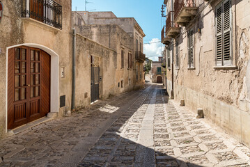 Cobblestone street in the historic center of Erice, province of Trapani, Sicily, in Sicily, Italy