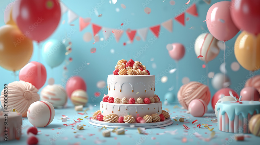 Poster Background with front view of a happy birthday party elements, 3d rendering. Generative AI.