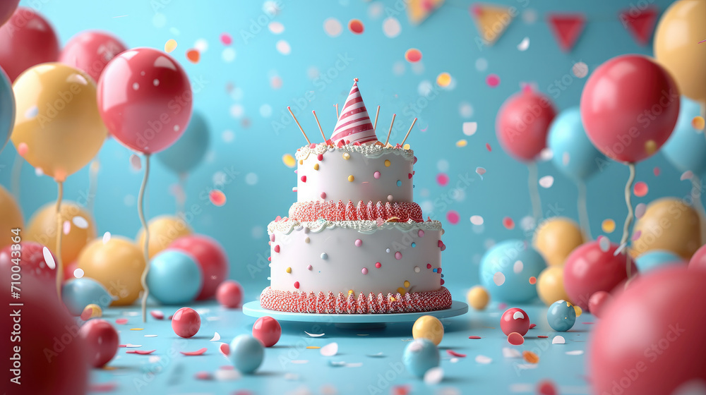 Poster Background with front view of a happy birthday party elements, 3d rendering. Generative AI.