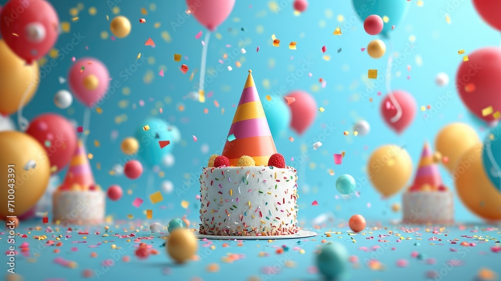 Poster Background with front view of a happy birthday party elements, 3d rendering. Generative AI.