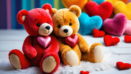Valentine's Day. Background for February 14. A pair of cute teddy bears with colorful hearts. Plush fluffy bears with red hearts. Awesome colors, teddy bears with bows. Romantic couple