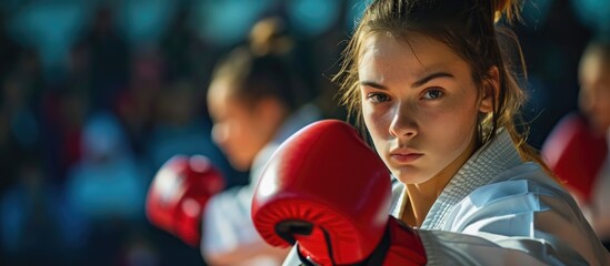 Karate coach pleased with fitness and progress of taekwondo student. Woman wins sports achievement after fight at gym. - Powered by Adobe