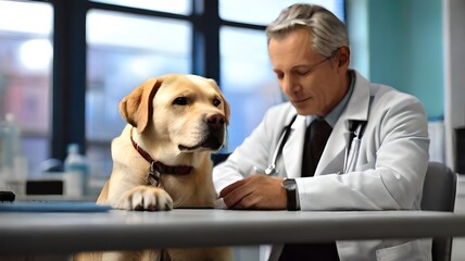 A caring vet in a white coat gently examines a patient lab, creating a scene of trust and professional care. AI