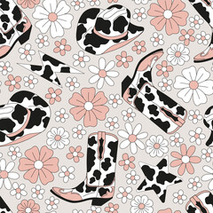 Howdy wild west cowboy accessories cow spots ornated hat boot vector seamless pattern. Groovy floral farm animal aesthetic pastel colours background.