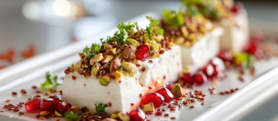 Goat cheese appetizer with pistachio, pomegranate and flax seeds.