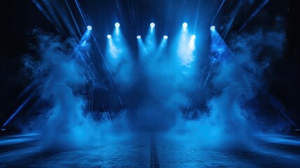 Enigmatic Whispers, A Mesmerizing Stage Awash in Ethereal Blue Light and Billowing Smoke