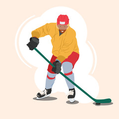 A hockey player plays with a puck on the ice. Vector illustration.