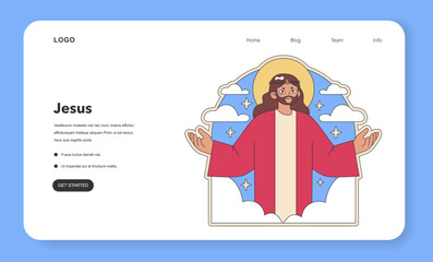 Jesus Christ illustration. Open arms and gentle gaze against a heavenly backdrop, invoking teachings of love and redemption. Symbolic of Christian guidance. Flat vector illustration