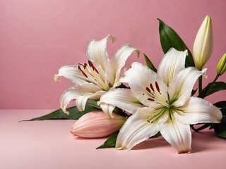 Beautiful floral background with white lily flower on pink background