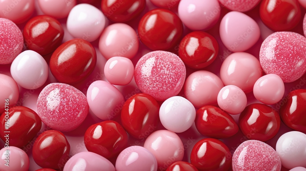 Poster illustration, background full of red and pink candies with different sizes, sharp focus. generative 