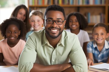 Afrikan male teacher giving engaging lesson to young students in a vibrant classroom setting