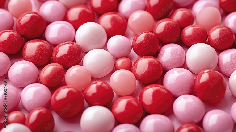 Poster illustration, background full of red and pink candies with different sizes, sharp focus. generative 