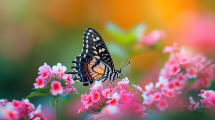 The Enchanting Encounter, A Majestic Butterfly Gracefully Resting on Vibrant Pink Blossoms