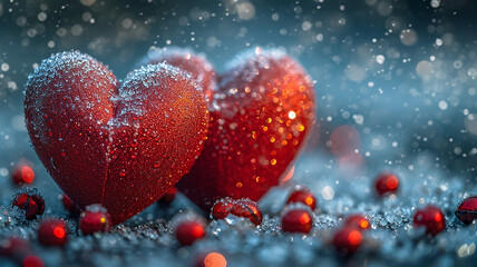 Valentines day Background of two red heart shape love made with glowing glitter bokeh image