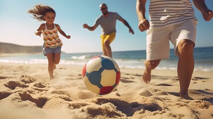 Joyful family playing soccer on sunny beach. happiness in simple activities. summer vacation fun. AI