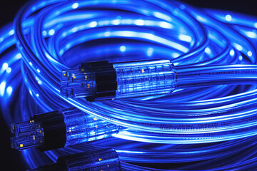close up of fiber optic cable in blue light. symbolic photo for internet connection and technology. Generative Ai - Powered by Adobe
