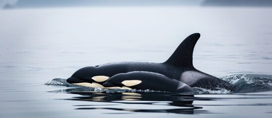 Obraz premium Orca mother and baby playing in the water.