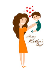 Mom with a boy in her arms. Mothers Day. hand drawing. Not AI, Vector illustration