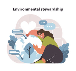 Environmental stewardship visual. A gentle embrace of the planet, fostering a connection with nature through care and conversation. Preserving our world in warm tones. Flat vector illustration.