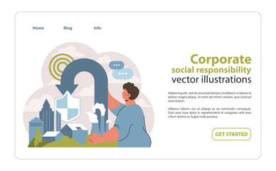 CSR commitment web or landing. A figure upholds environmental integrity amidst urban development. Emphasizing corporate accountability in sustainability. Flat vector illustration.