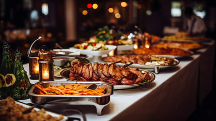 Un buffet de mariage somptueusement dressé, avec une variété de plats chauds et froids disposés sur une longue table. - obrazy, fototapety, plakaty