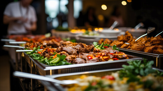 Une table de traiteur lors d'un mariage avec diff&eacute;rents plats chauds et froids. 