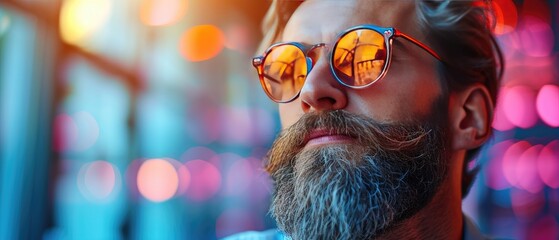 Bearded man wearing sunglasses on a bright colorful background, focus on the eyes.