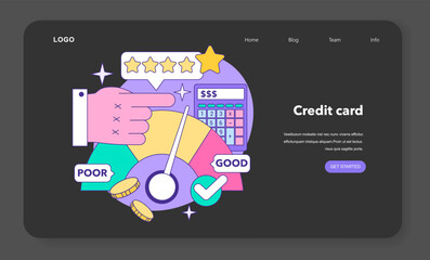 Fototapeta na wymiar Credit card web banner or landing page night or dark mode. Bank-offered financing of purchases. Individual and business credit card. Credit arrangements and rating. Flat vector illustration