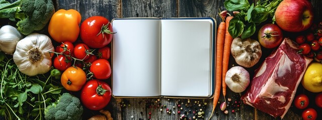 Notebook in the middle and around vegetables, Fruits, Meat, Everything is intended for a diet Healthy and balanced nutrition. Generative AI. - obrazy, fototapety, plakaty