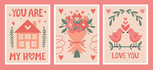 Set of Valentine's Day Greeting Cards with Birds in Love, Sweet Home and Flowers Bouquet. Romantic illustrations for Print, Poster, Banner, Holiday Invitations