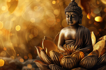 Obraz premium Buddha statue with a lotus flower on an abstract beautiful decorative shining background, Asia faith spirit and culture.