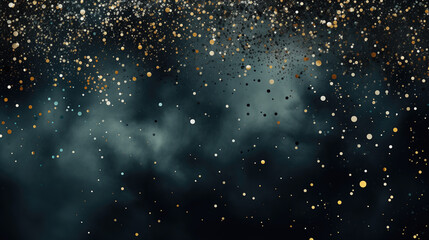 Black festive texture with golden glitter on misty background. Confetti falling from the night sky in the darkness. Dark and masculine holiday abstract with a dramatic touch. Copy space.