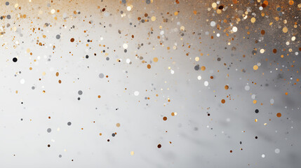 Colorful confetti and golden glitter on soft, neutral, gray background. Minimalist festive texture. Simple, modern holiday abstract. Confetti falling from cloudy sky. Copy space. - obrazy, fototapety, plakaty