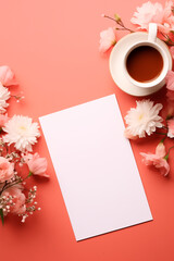 cup of coffee, office stationery and flowers on color background