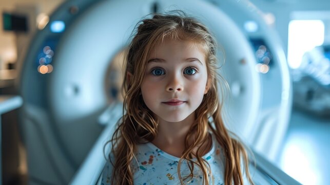 An interested child is behind the gantry of a CT or MRI machine and looks towards the camera. Generative AI.