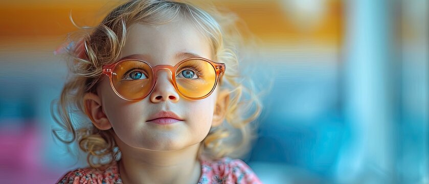 Child wearing sunglasses on a bright colorful background, focus on the eyes.