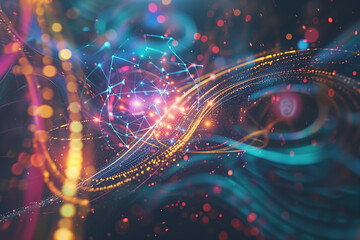 Visualization of a microscopic quantum world with abstract geometric shapes representing quantum particles.