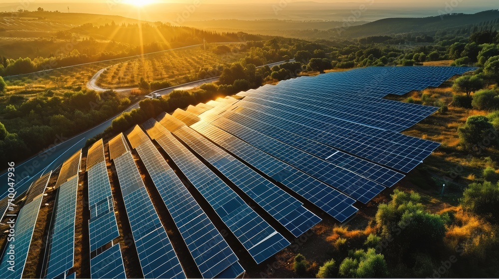 Poster aerial footage of photovoltaics on open spaces along highway, solar energy installation located next