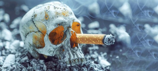 Skull of a human smoker with cigarette and smoke on table  - Smoker, stop smoking, nicotine, death, drugs, cancer disease background