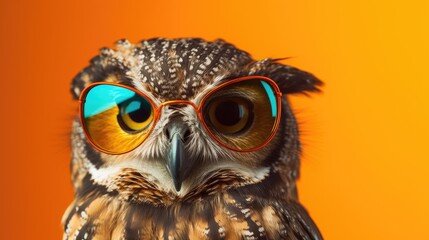 Obraz premium Funny owl wearing sunglasses in studio with a colorful and bright background, right side of the composition