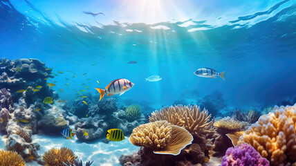 Naklejka na ściany i meble Underwater world with carals, reefs, algae and exotic fish. Direct rays of the sun under transparent water, flickering glare and reflections on the ocean floor. Diving, tourism, hobbies, recreation.