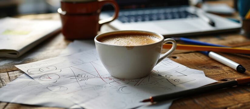 Coffee-fueled scribbles for a business plan with pens.