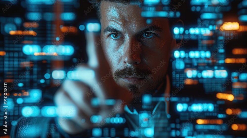 Fototapete corporate man examining data on futuristic hologram, using a finger, front view, with numbers writte