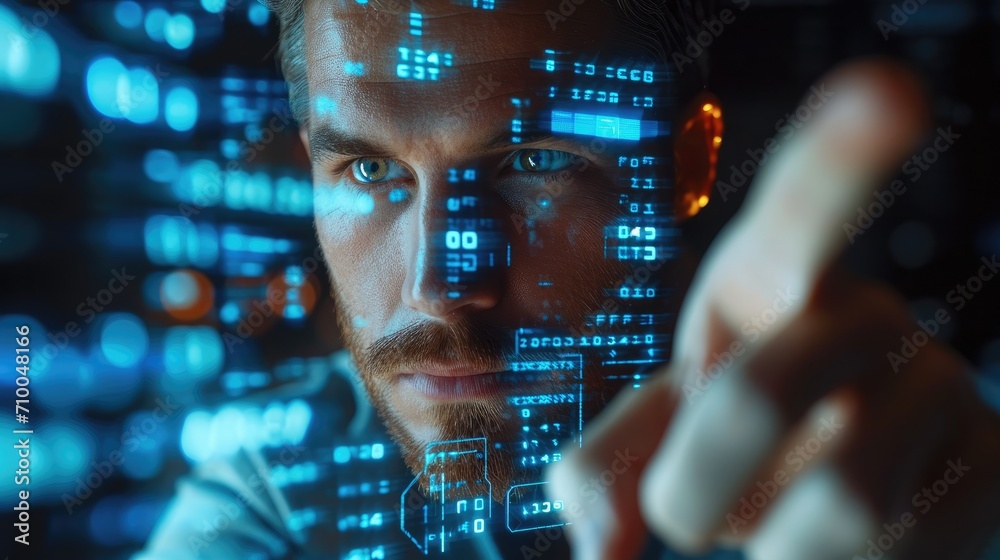 Fototapete Corporate man examining data on futuristic hologram, Using a finger, Front view, With numbers written on the display. Generative AI.