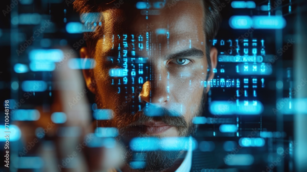 Fototapete corporate man examining data on futuristic hologram, using a finger, front view, with numbers writte