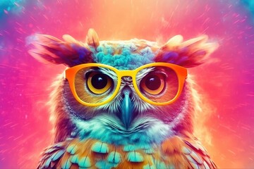 Obraz premium Funny owl wearing sunglasses in studio with a colorful and bright background, right side of the composition