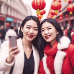 Celebrating the Chinese New Year, two young Chinese women smile while taking a selfie with their...