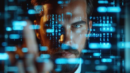 Corporate man examining data on futuristic hologram, Using a finger, Front view, With numbers written on the display. Generative AI.