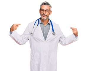 Middle age grey-haired man wearing doctor uniform and stethoscope looking confident with smile on face, pointing oneself with fingers proud and happy.